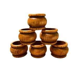 Vintage Wood Carved Napkin Rings, Set of 6, Round Brown Napkin Rings